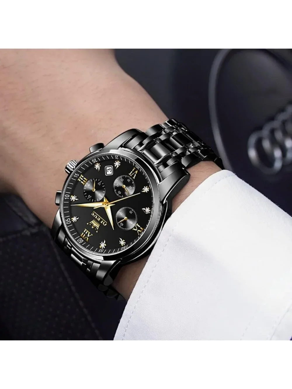Men's Black Face/Black Strap Stainless Steel Chronograph Waterproof Wrist Watch